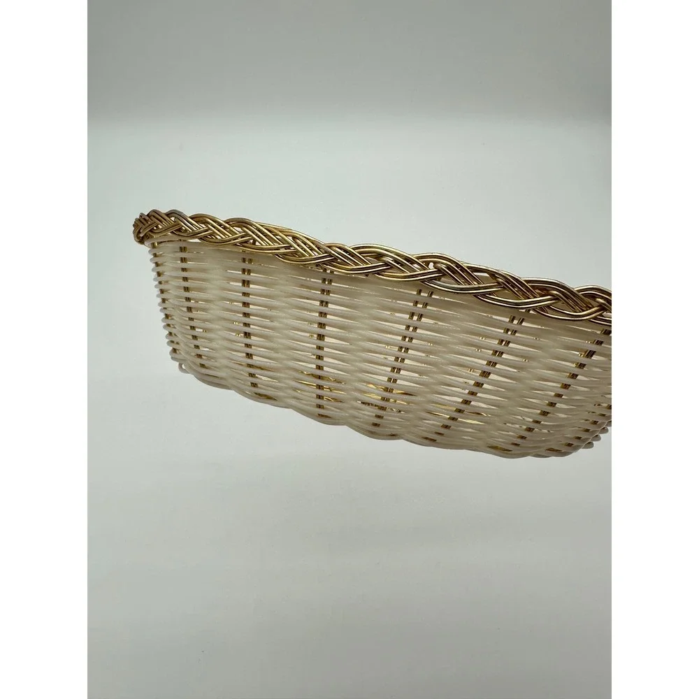 Vintage Oval Woven Wire Basket Hollywood Regency White Gold 9.5 inch